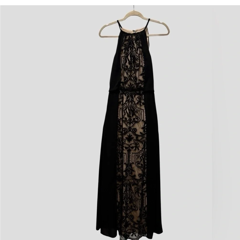 London Times Black Nude Lace Chiffon Halter Maxi Evening Gown – Size 6 - Picture 3 of 14